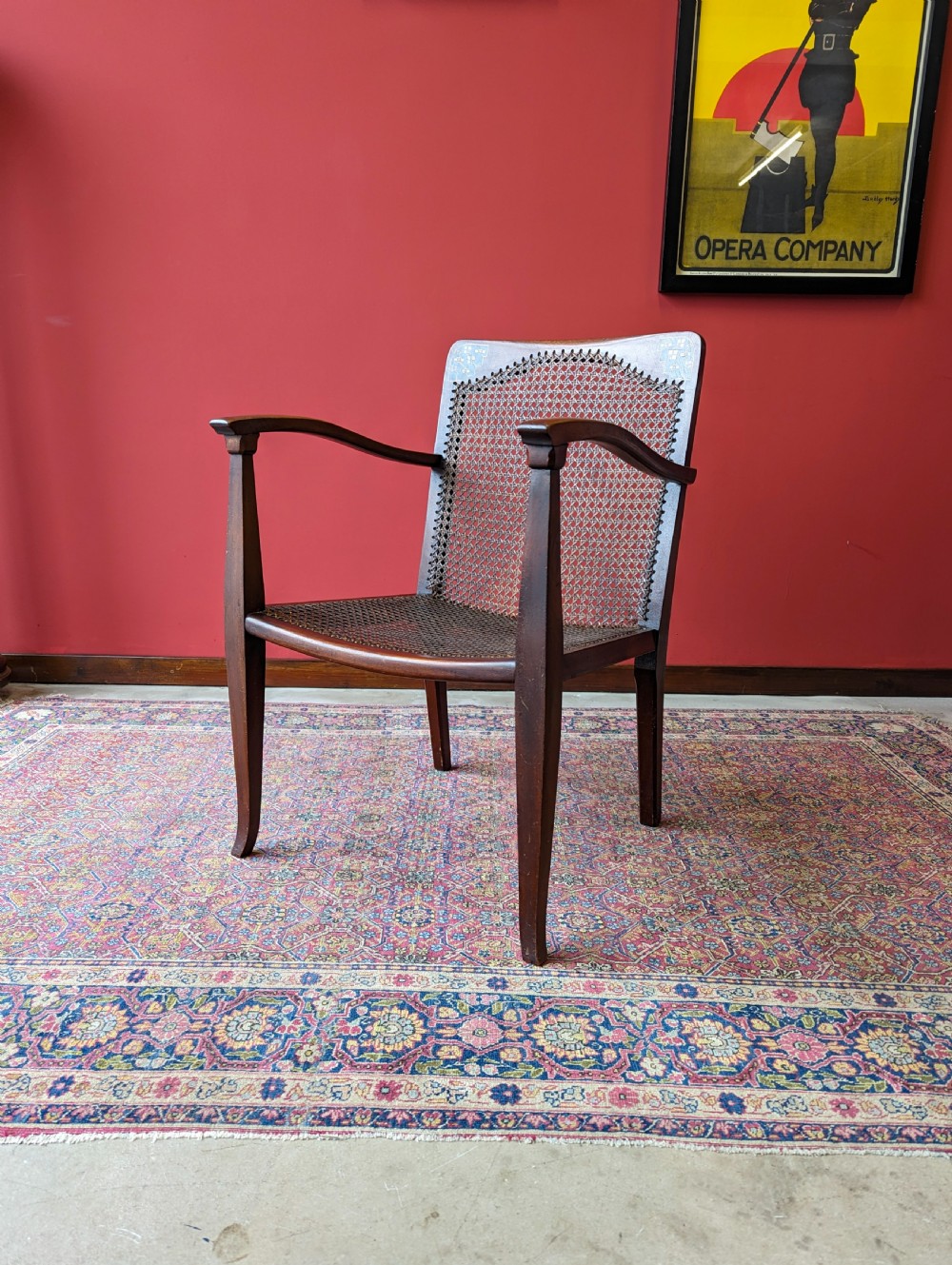 Antique Arts & Crafts Inlaid Mahogany Cane Salon Chair View X