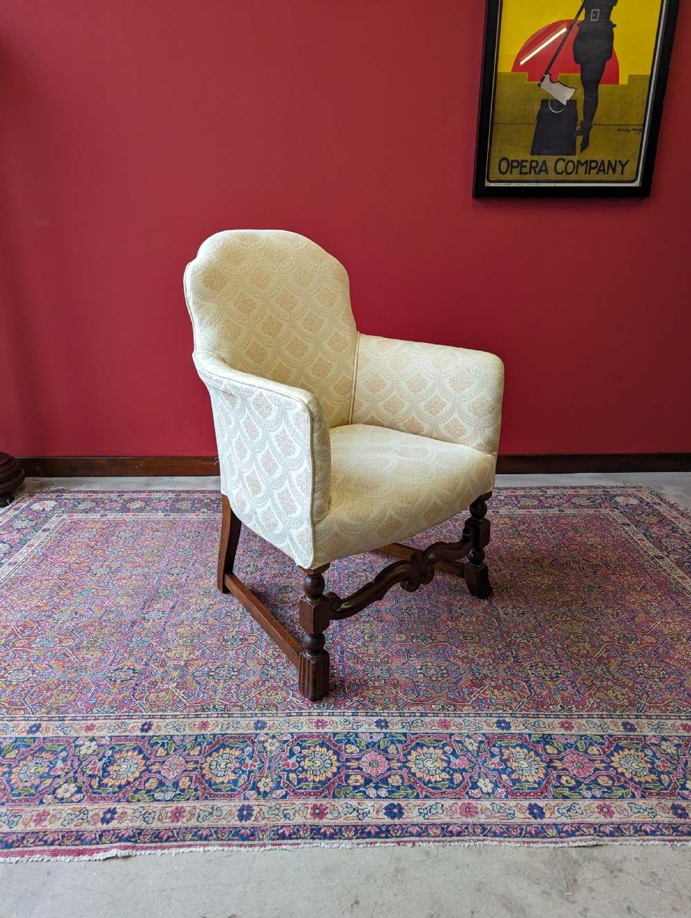 Antique Early 20th Century Small Upholstered Oak Salon Armchair View III