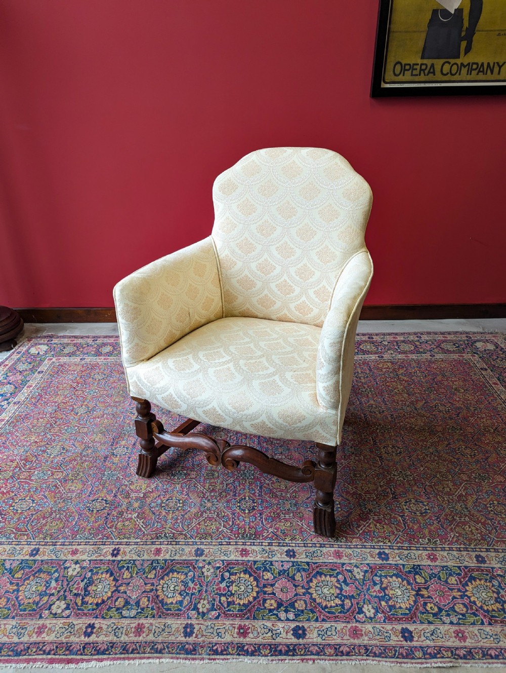 Antique Early 20th Century Small Upholstered Oak Salon Armchair View V