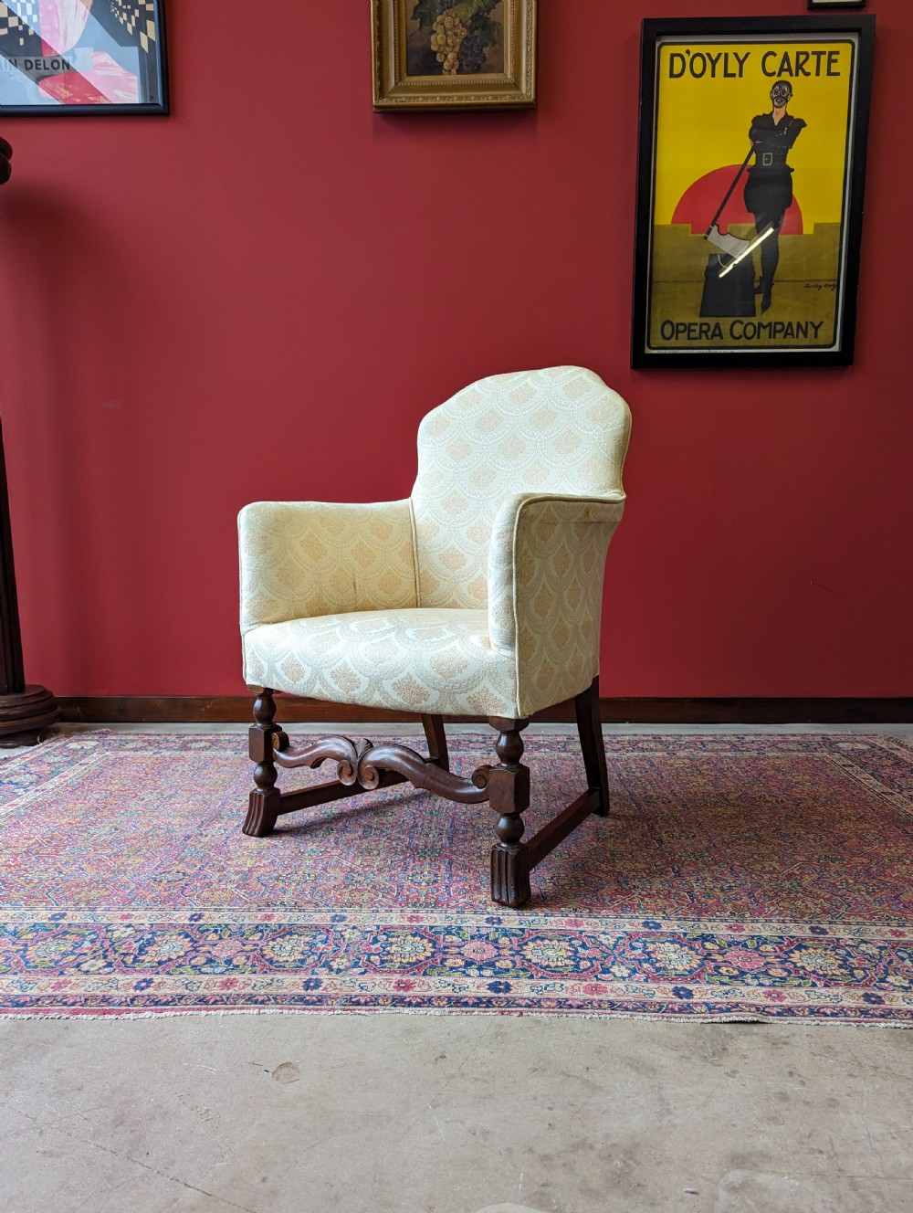 Antique Early 20th Century Small Upholstered Oak Salon Armchair View VIII