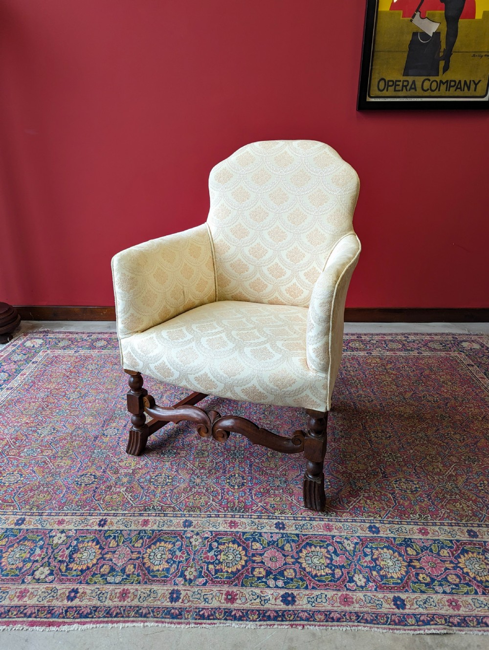 Antique Early 20th Century Small Upholstered Oak Salon Armchair View IX
