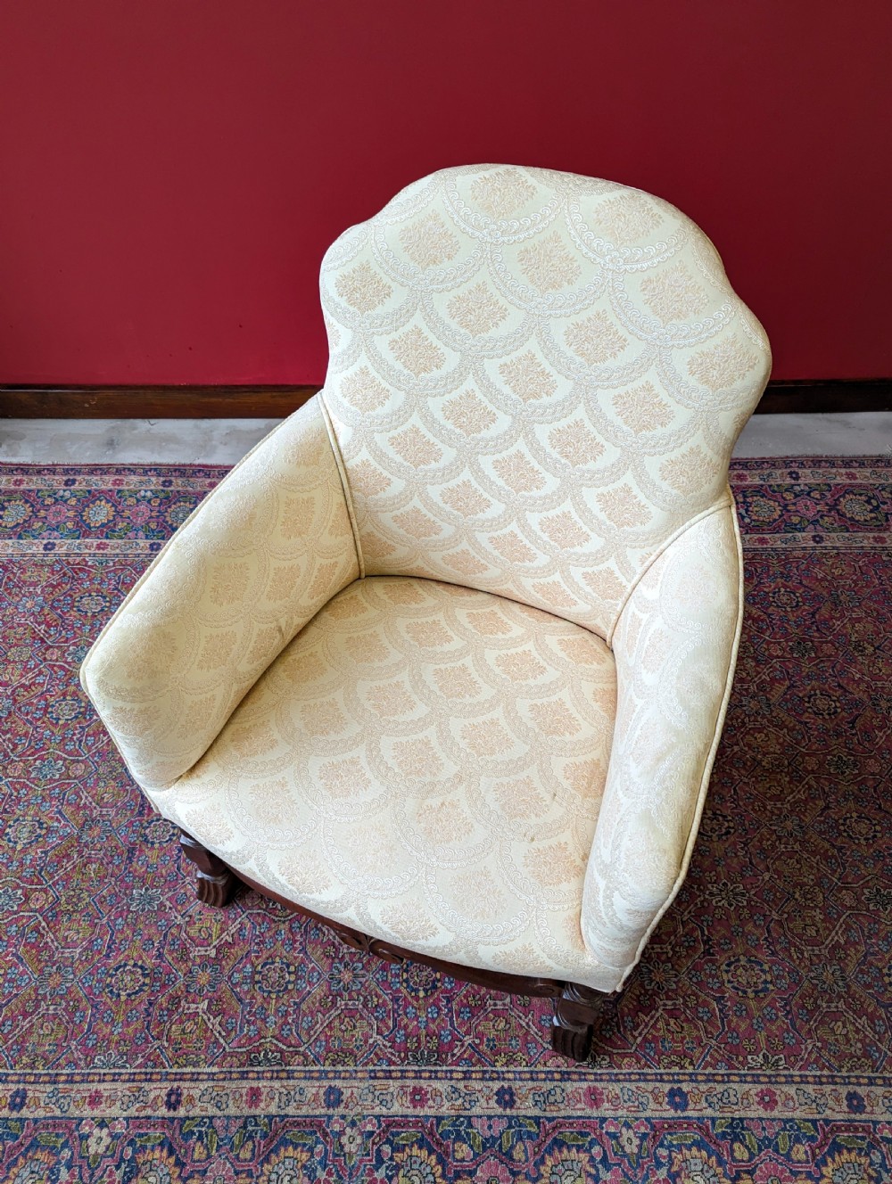 Antique Early 20th Century Small Upholstered Oak Salon Armchair View X