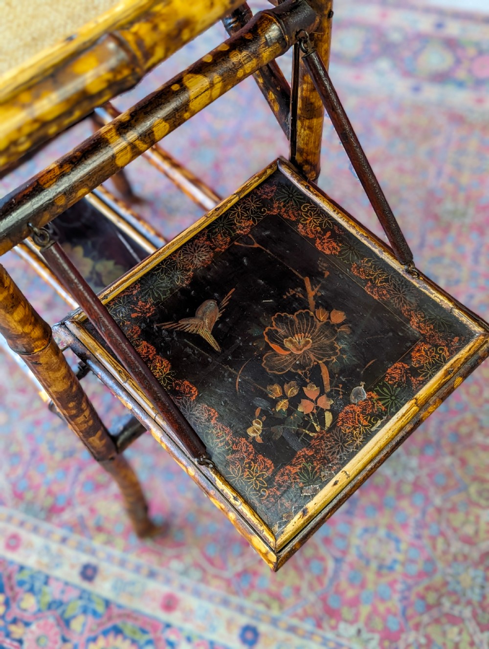 Antique Victorian Bamboo Original Lacquer Extending Side Table View VIII
