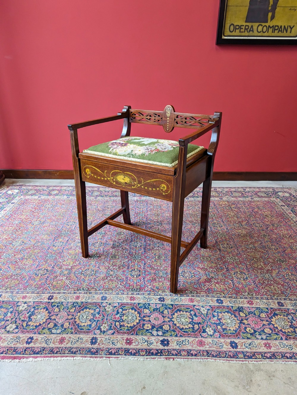 Antique Edwardian Inlaid Mahogany Tapestry Seat Piano Stool with Storage