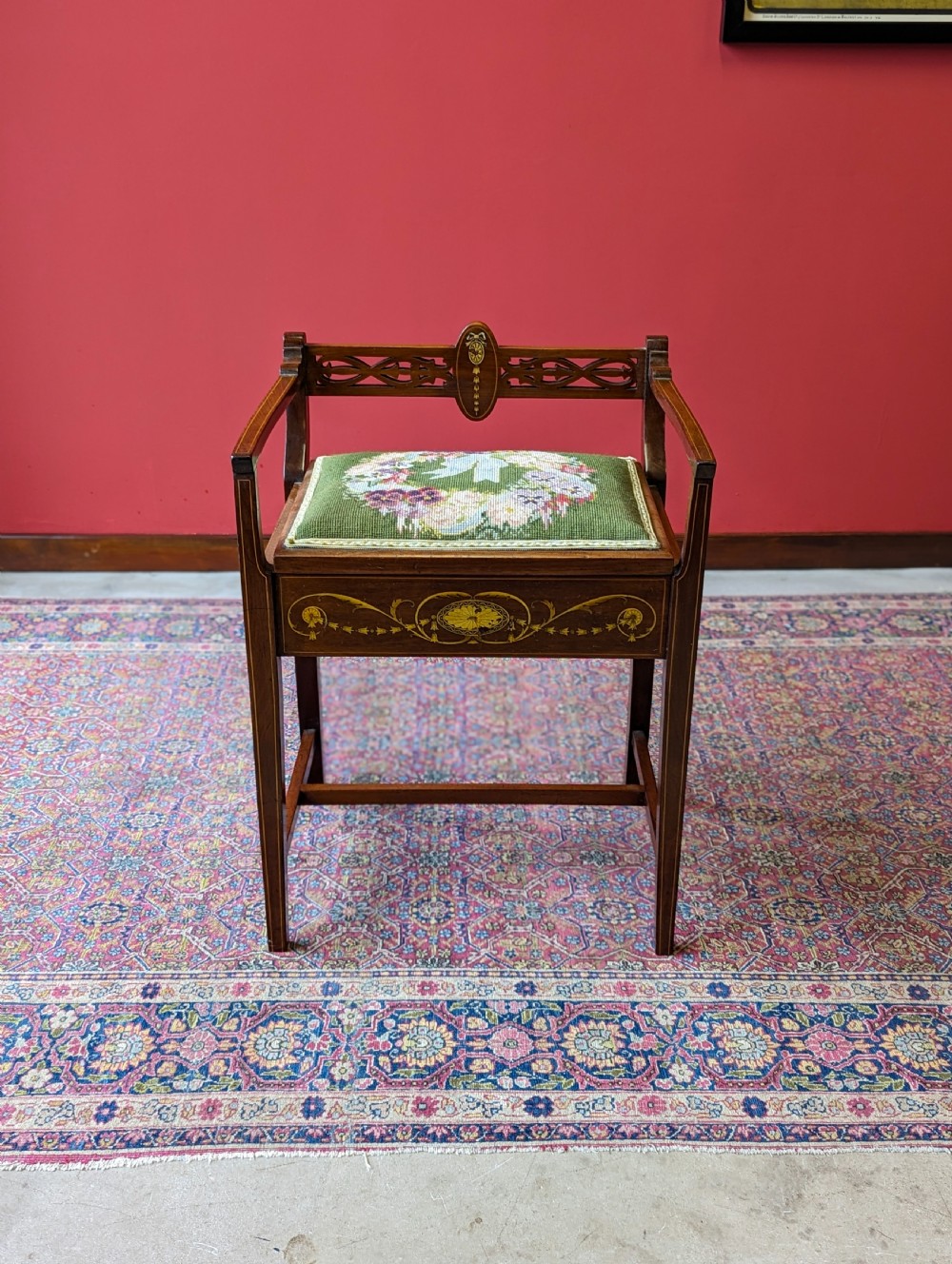 Antique Edwardian Inlaid Mahogany Tapestry Seat Piano Stool with Storage View II