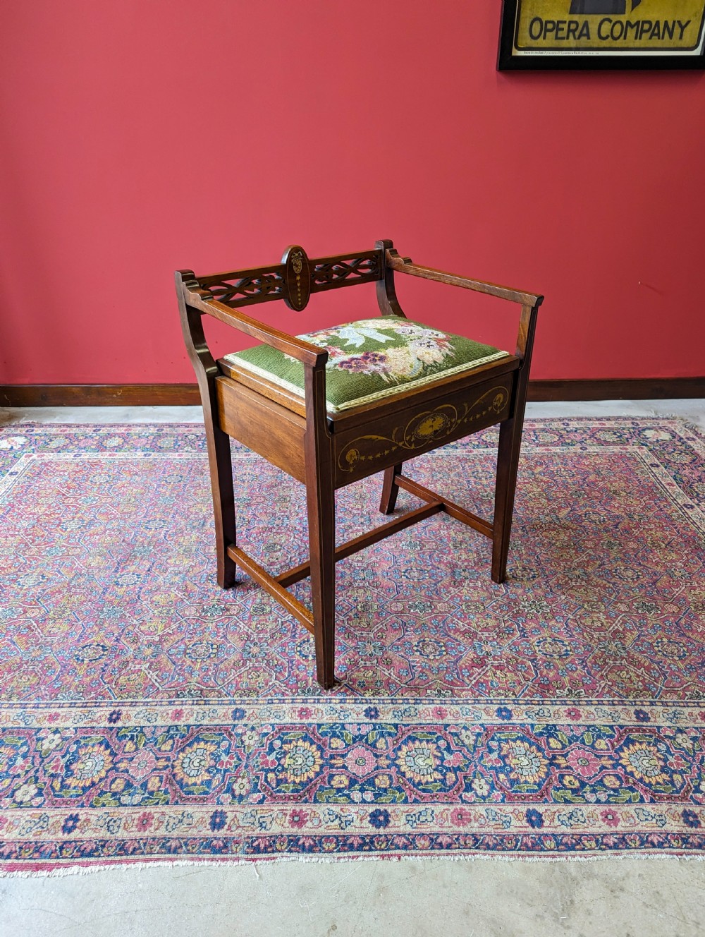 Antique Edwardian Inlaid Mahogany Tapestry Seat Piano Stool with Storage View III