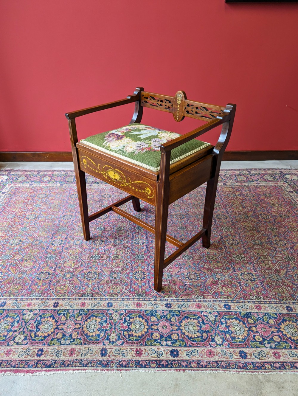 Antique Edwardian Inlaid Mahogany Tapestry Seat Piano Stool with Storage View IV