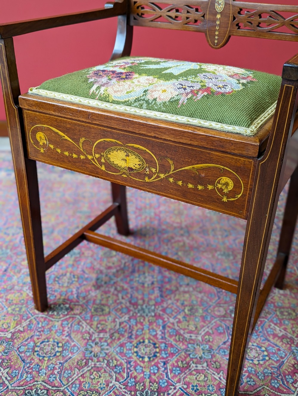Antique Edwardian Inlaid Mahogany Tapestry Seat Piano Stool with Storage View V