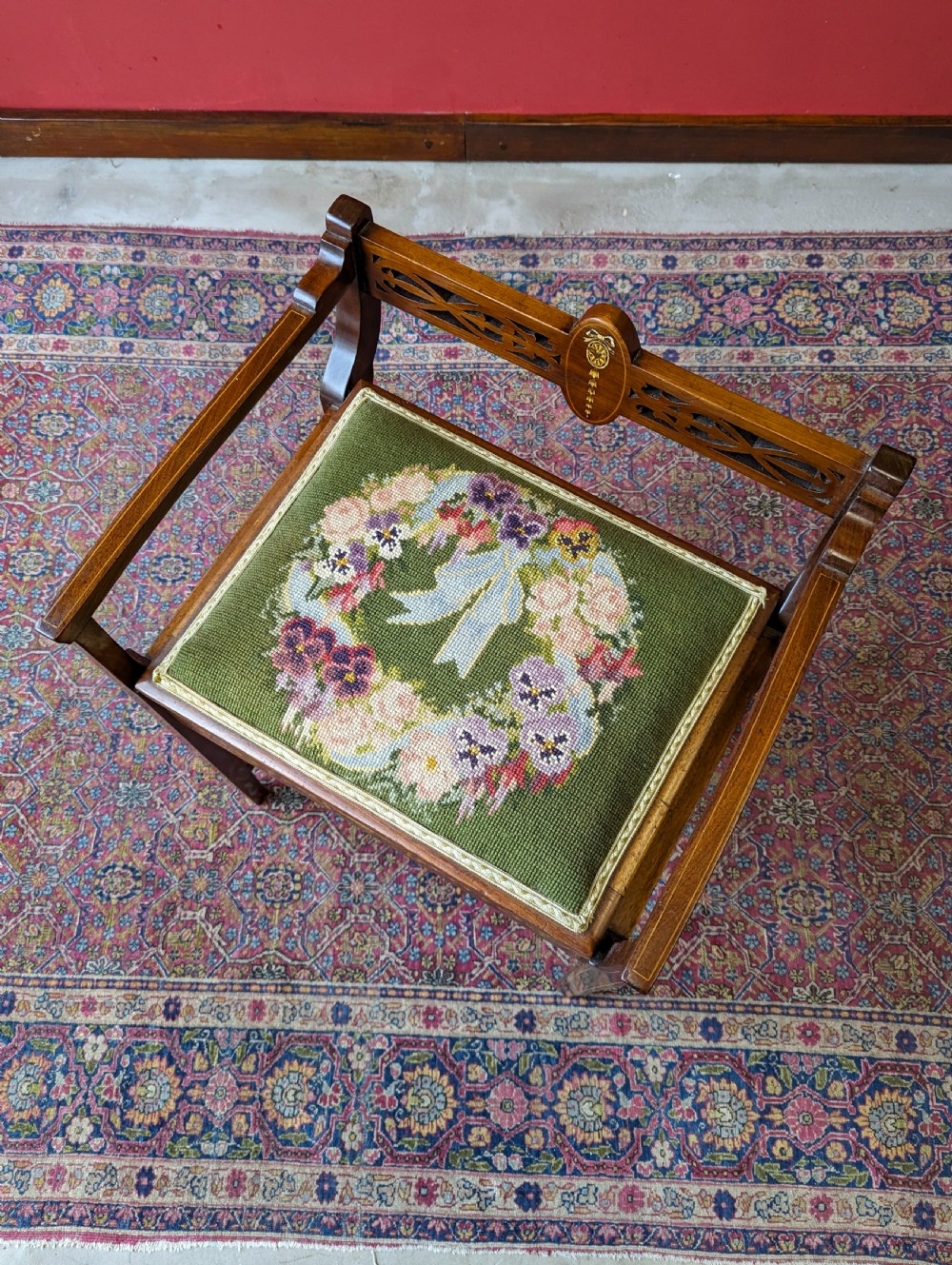 Antique Edwardian Inlaid Mahogany Tapestry Seat Piano Stool with Storage View VI
