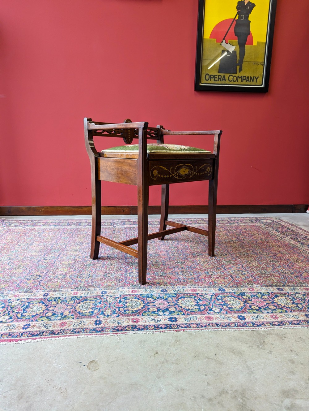 Antique Edwardian Inlaid Mahogany Tapestry Seat Piano Stool with Storage View VII