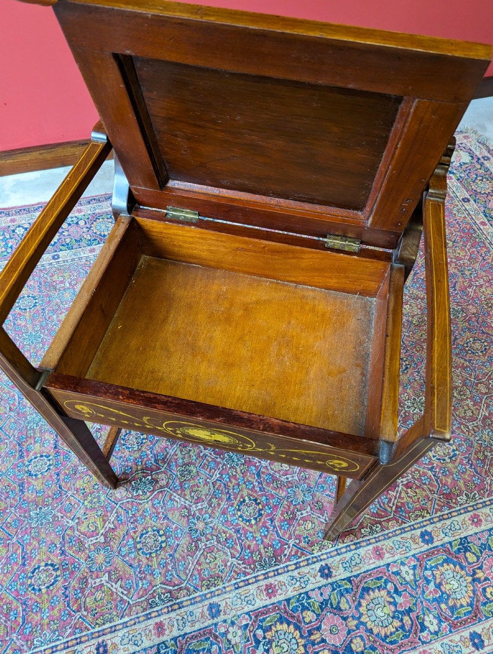 Antique Edwardian Inlaid Mahogany Tapestry Seat Piano Stool with Storage View VIII