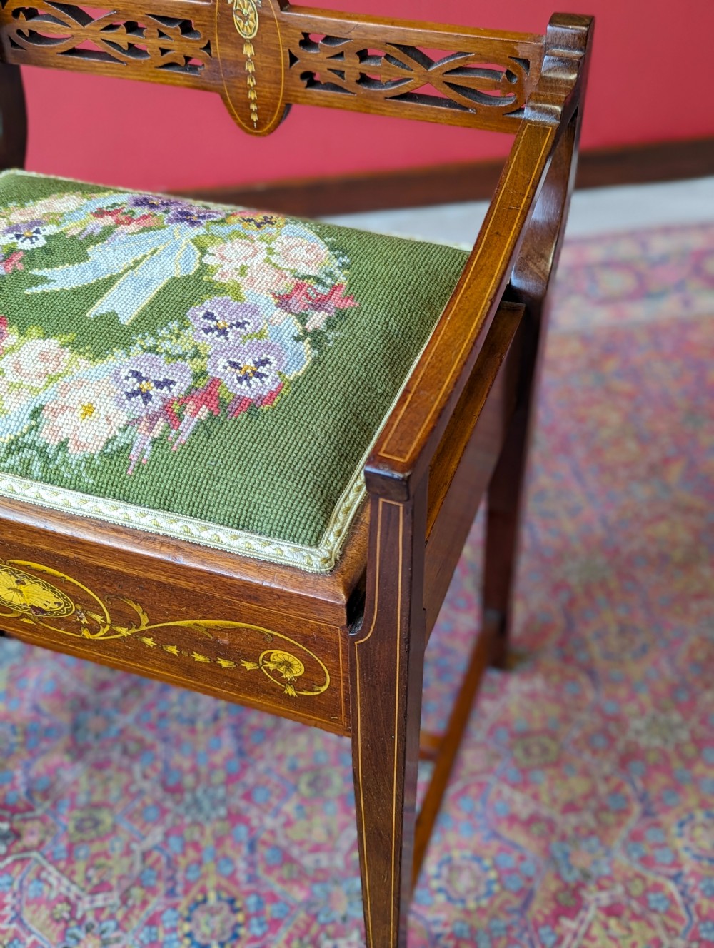 Antique Edwardian Inlaid Mahogany Tapestry Seat Piano Stool with Storage View IX