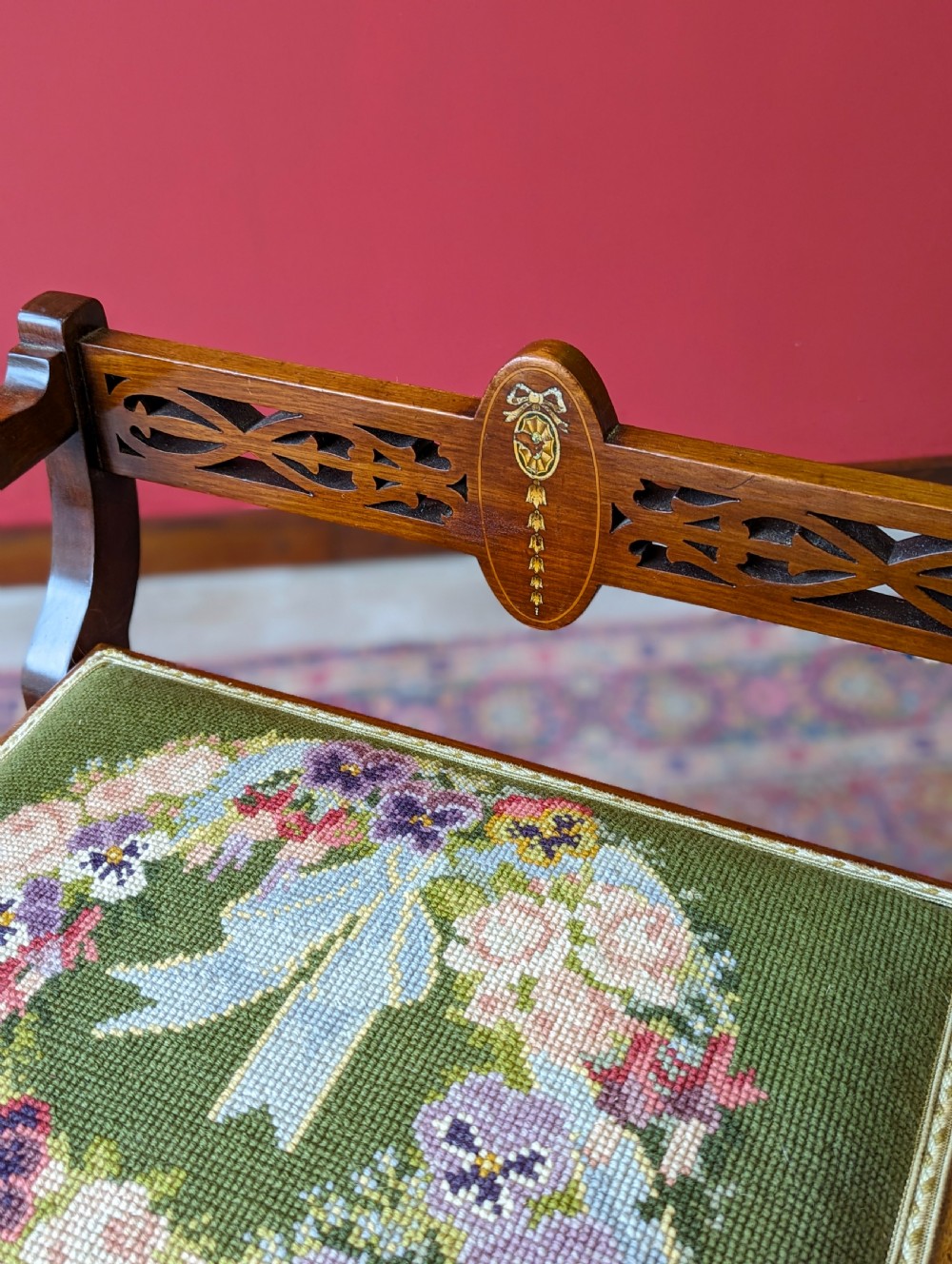 Antique Edwardian Inlaid Mahogany Tapestry Seat Piano Stool with Storage View X