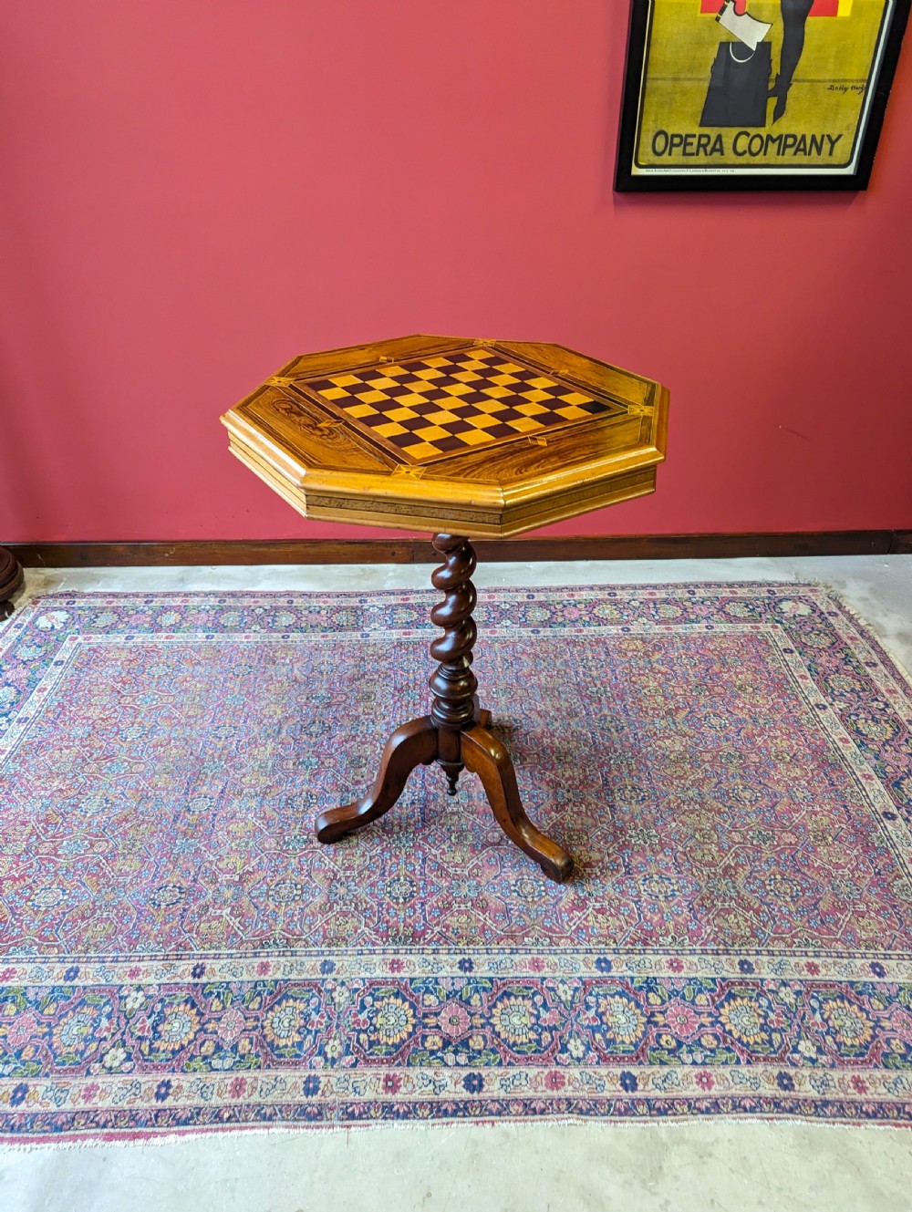 Antique Victorian Rosewood Barley Twist Pedestal Octagonal Chess Table