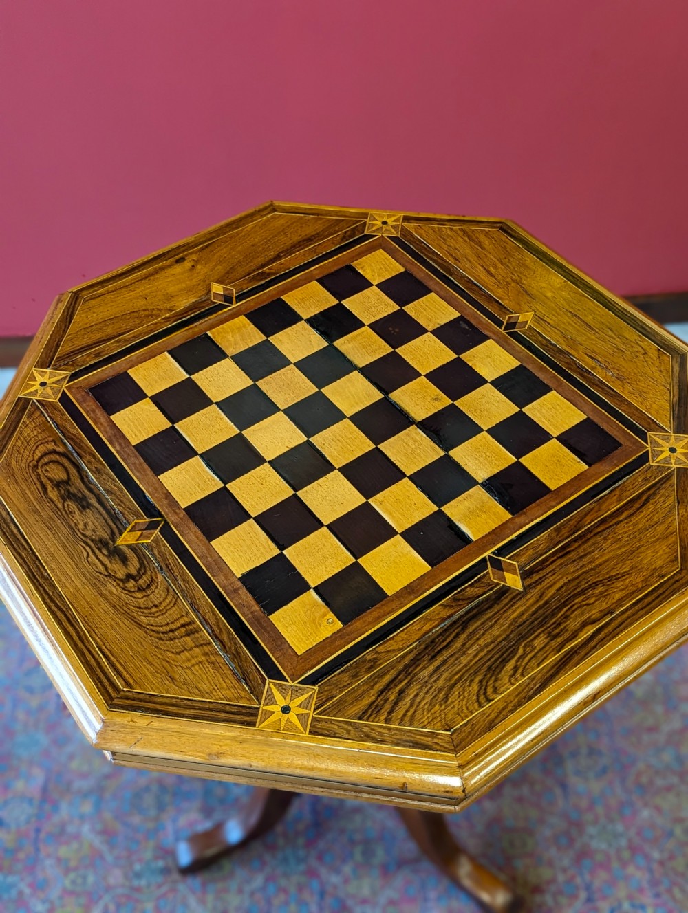 Antique Victorian Rosewood Barley Twist Pedestal Octagonal Chess Table View II