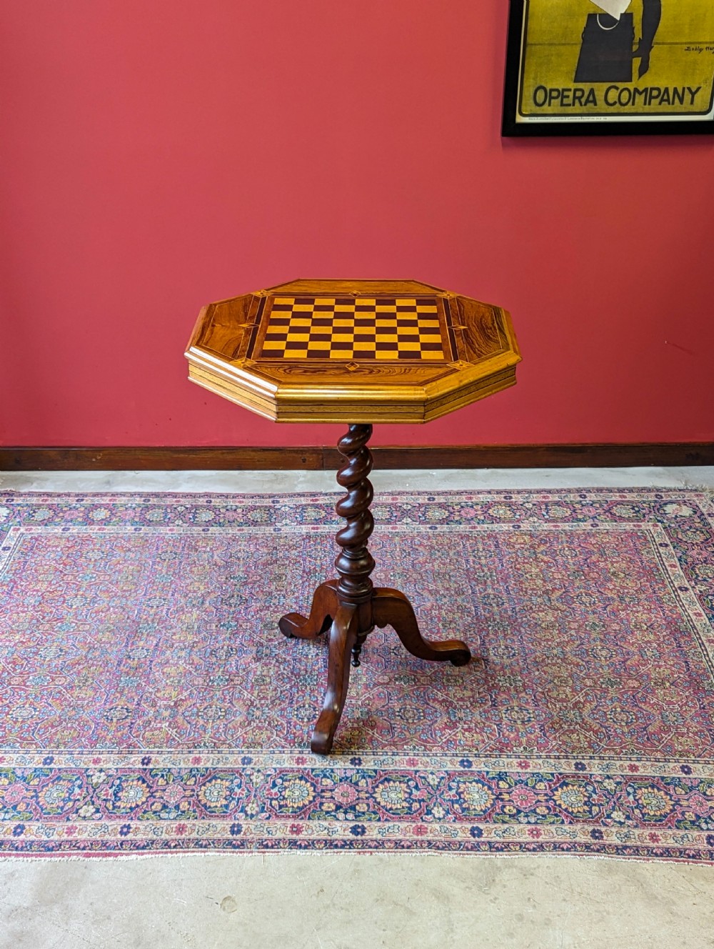 Antique Victorian Rosewood Barley Twist Pedestal Octagonal Chess Table View III