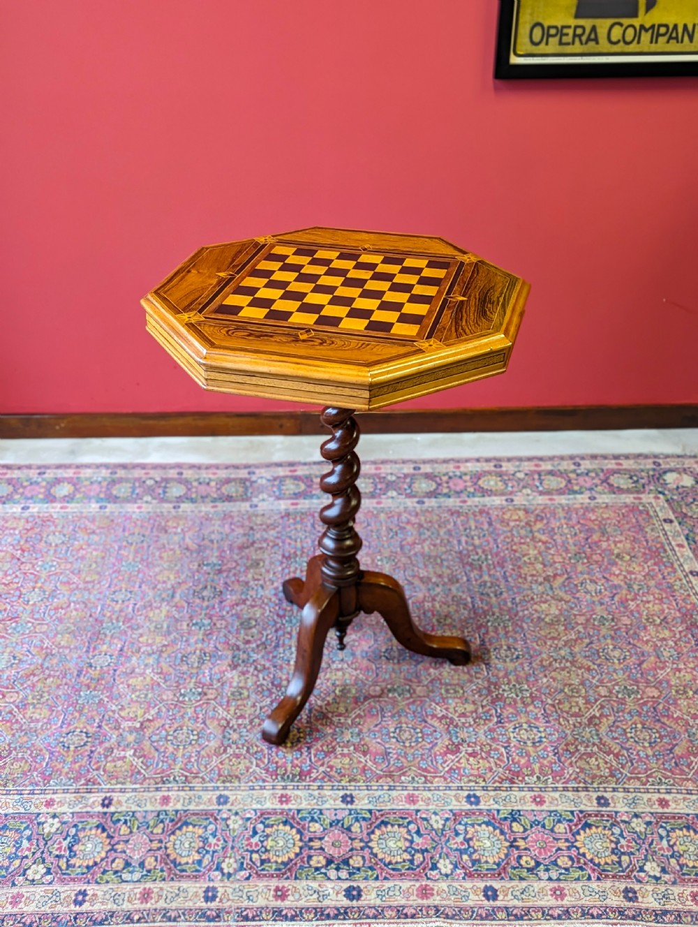 Antique Victorian Rosewood Barley Twist Pedestal Octagonal Chess Table View IV