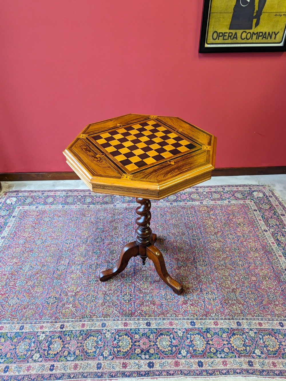 Antique Victorian Rosewood Barley Twist Pedestal Octagonal Chess Table View V