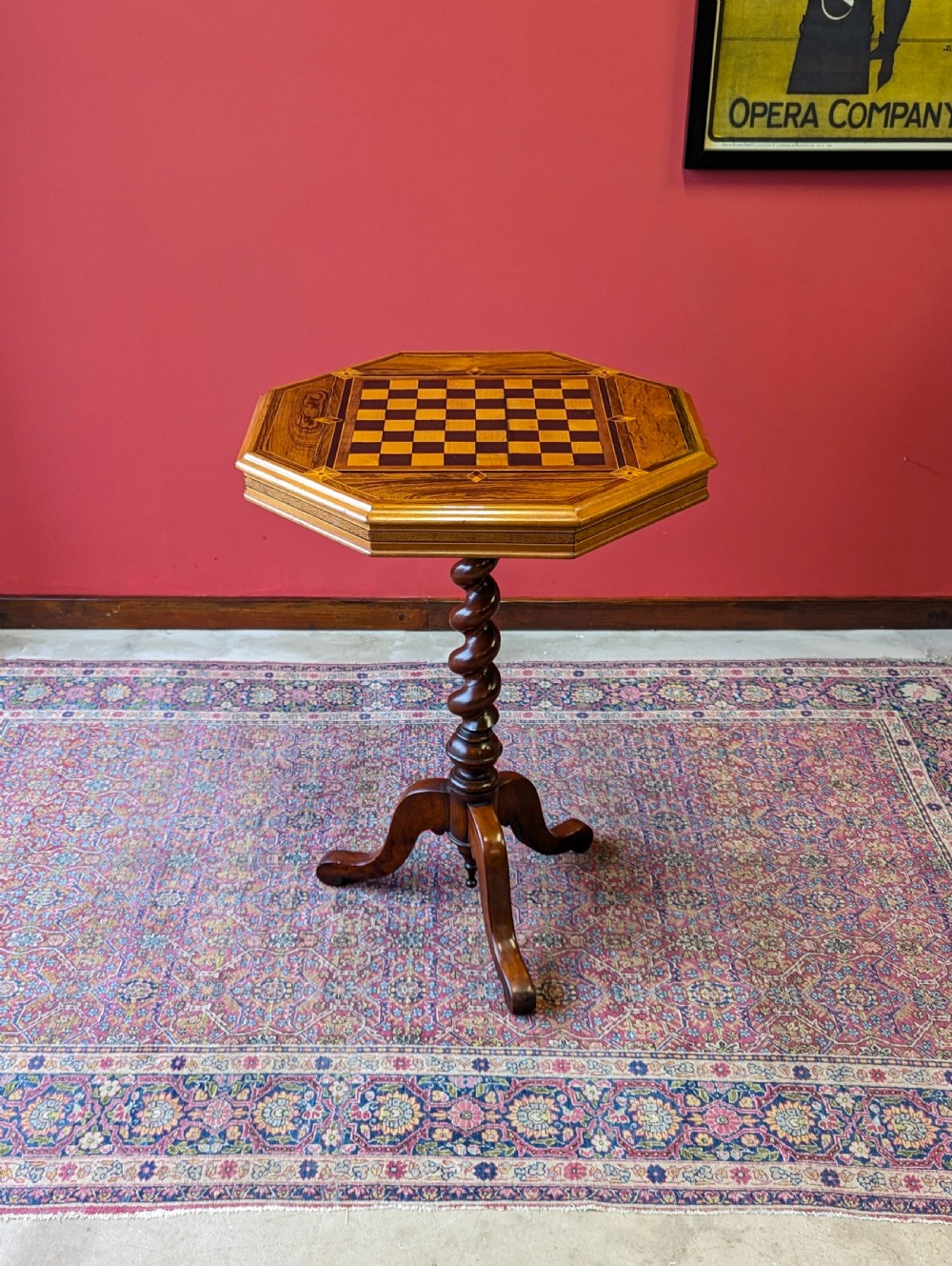 Antique Victorian Rosewood Barley Twist Pedestal Octagonal Chess Table View VI