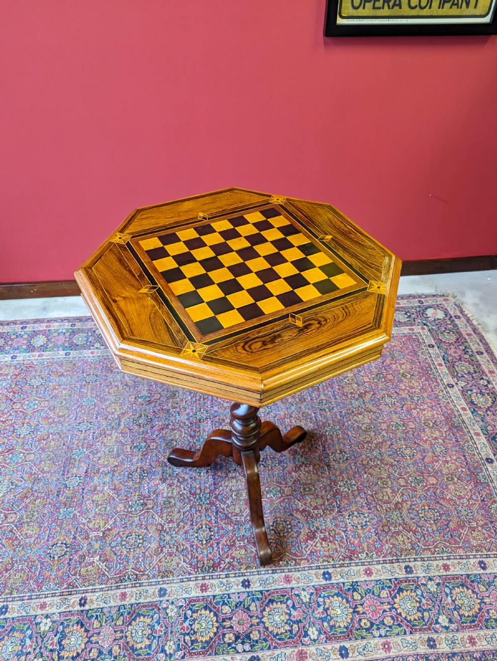 Antique Victorian Rosewood Barley Twist Pedestal Octagonal Chess Table View VII