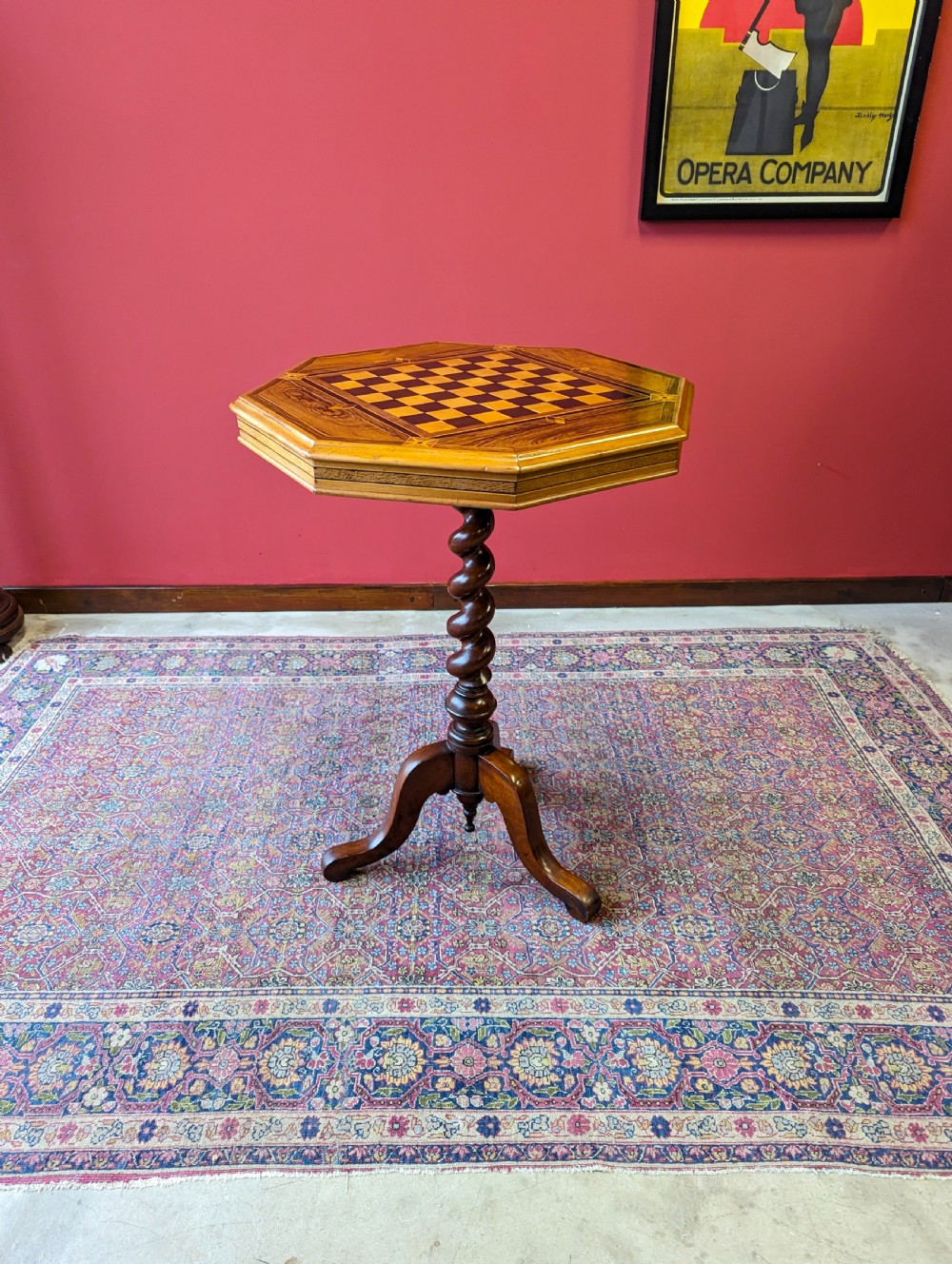 Antique Victorian Rosewood Barley Twist Pedestal Octagonal Chess Table View IX