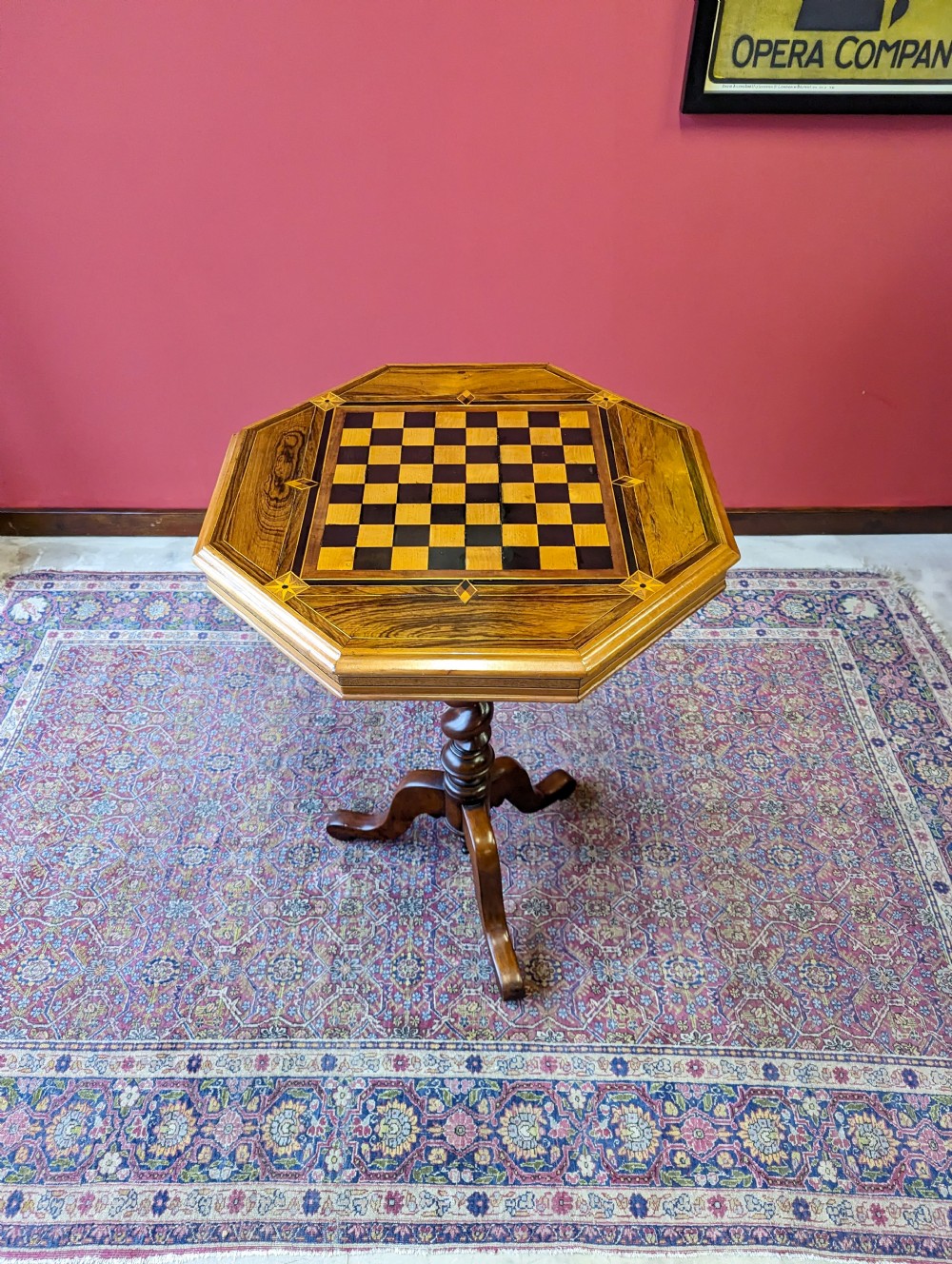 Antique Victorian Rosewood Barley Twist Pedestal Octagonal Chess Table View X
