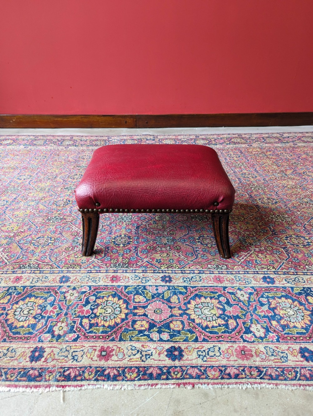 Antique Victorian Mahogany Red Leather Upholstered Footstool View II