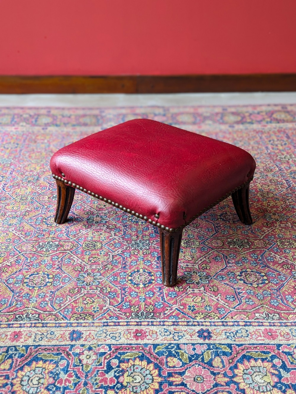 Antique Victorian Mahogany Red Leather Upholstered Footstool View III