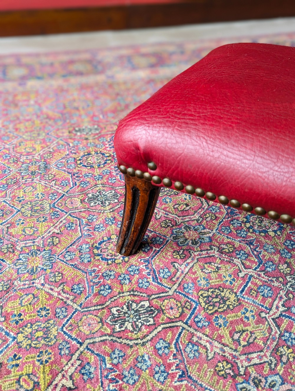 Antique Victorian Mahogany Red Leather Upholstered Footstool View IV