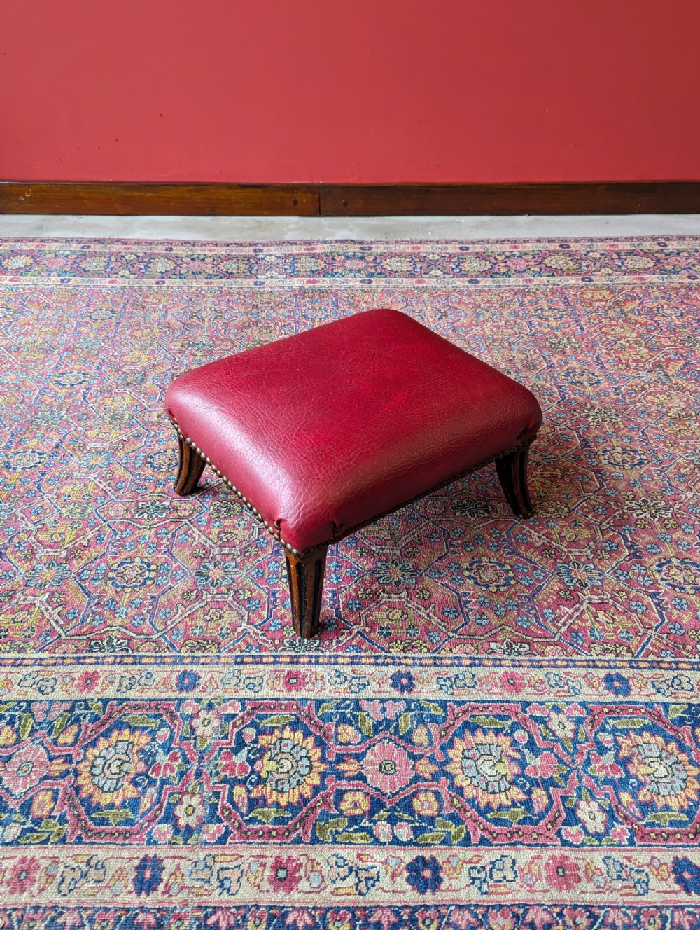 Antique Victorian Mahogany Red Leather Upholstered Footstool View V