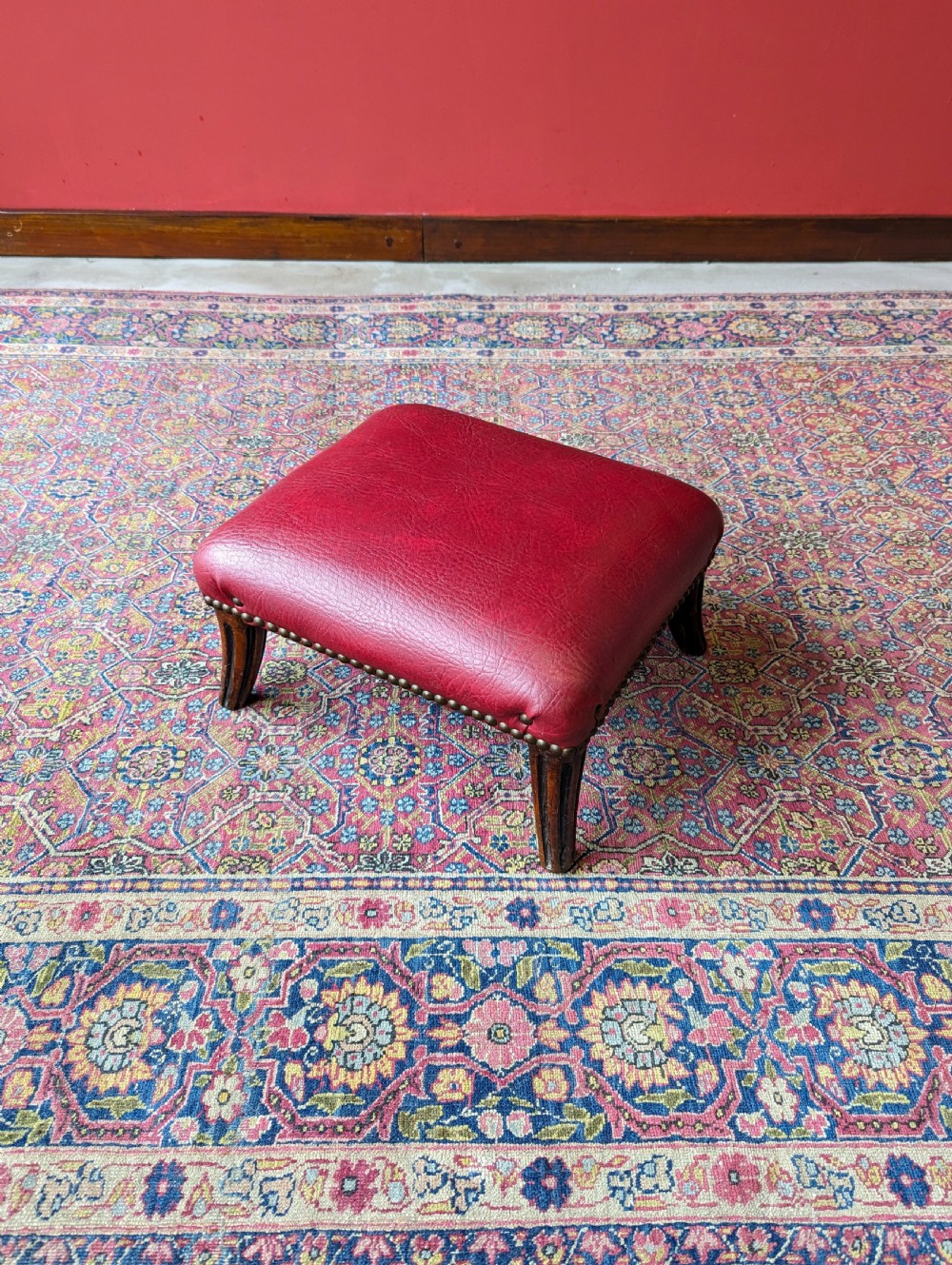 Antique Victorian Mahogany Red Leather Upholstered Footstool View VI