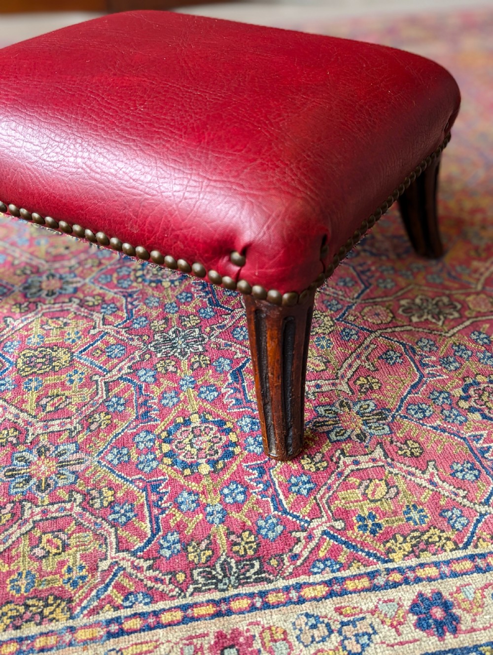 Antique Victorian Mahogany Red Leather Upholstered Footstool View VIII