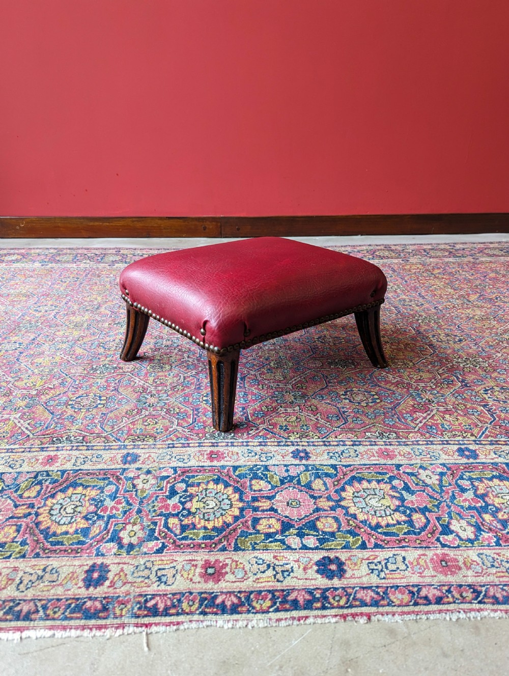Antique Victorian Mahogany Red Leather Upholstered Footstool View IX
