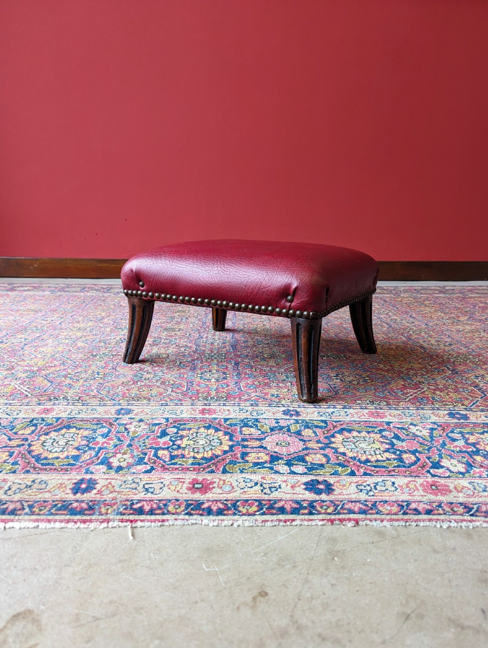 Antique Victorian Mahogany Red Leather Upholstered Footstool View X