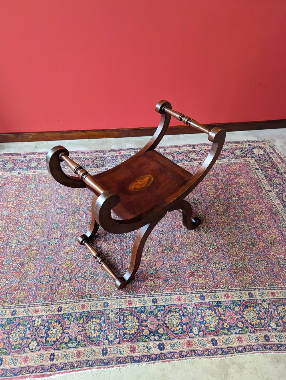 Antique Edwardian Inlaid Mahogany X-Frame Stool View IV