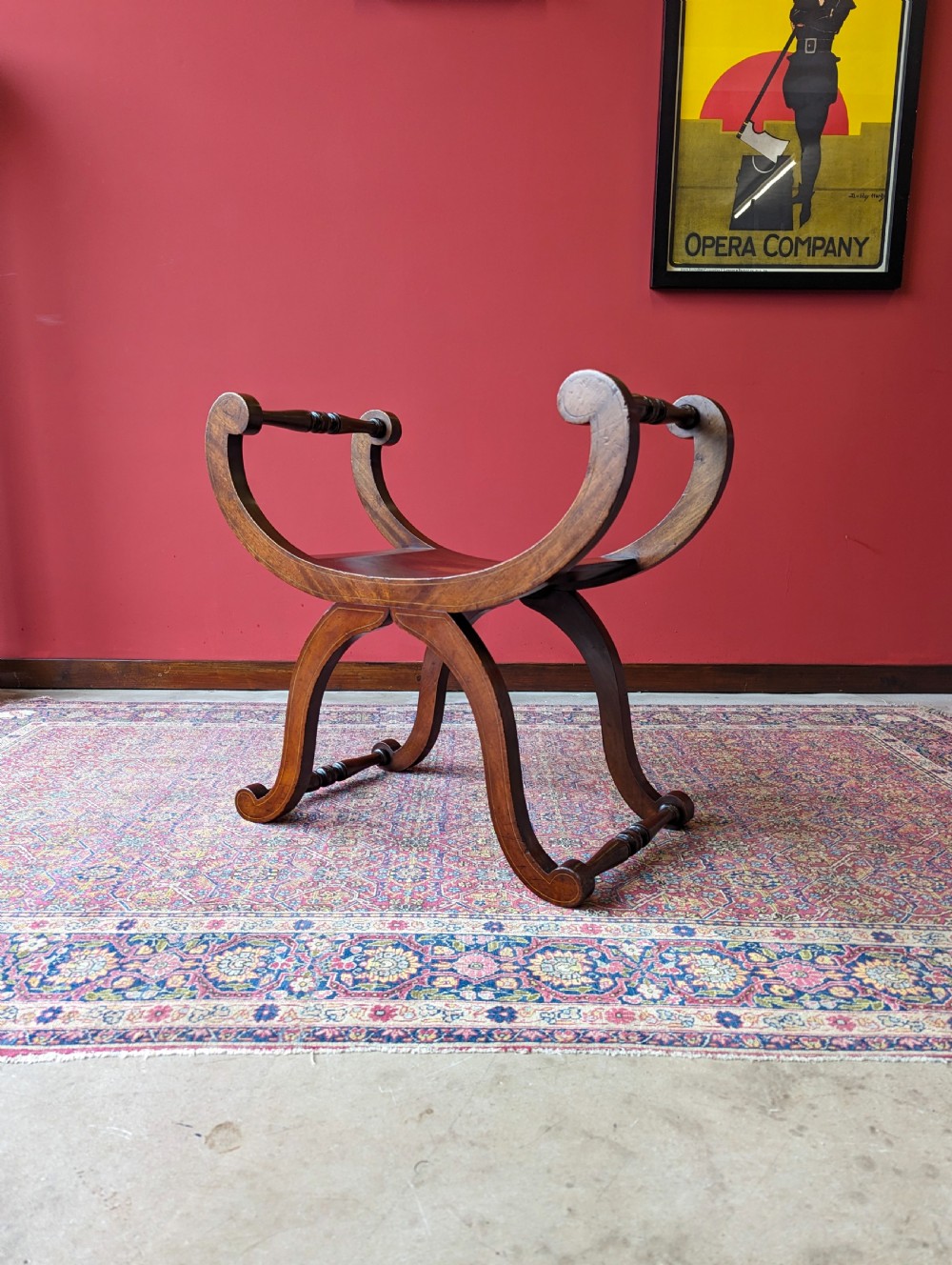 Antique Edwardian Inlaid Mahogany X-Frame Stool View V