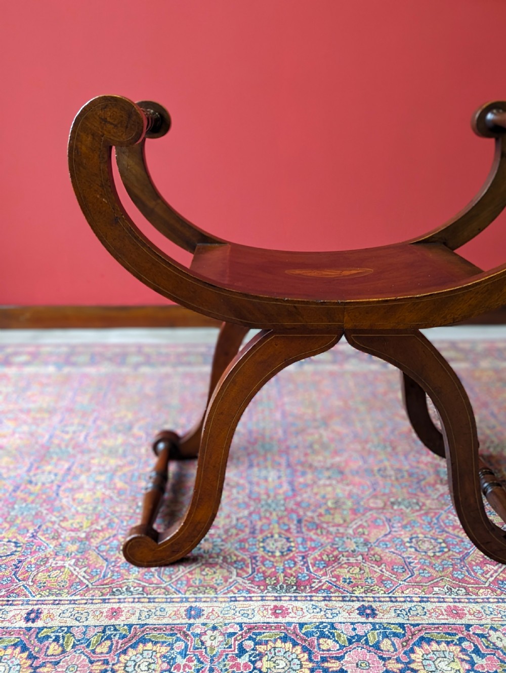 Antique Edwardian Inlaid Mahogany X-Frame Stool View VI