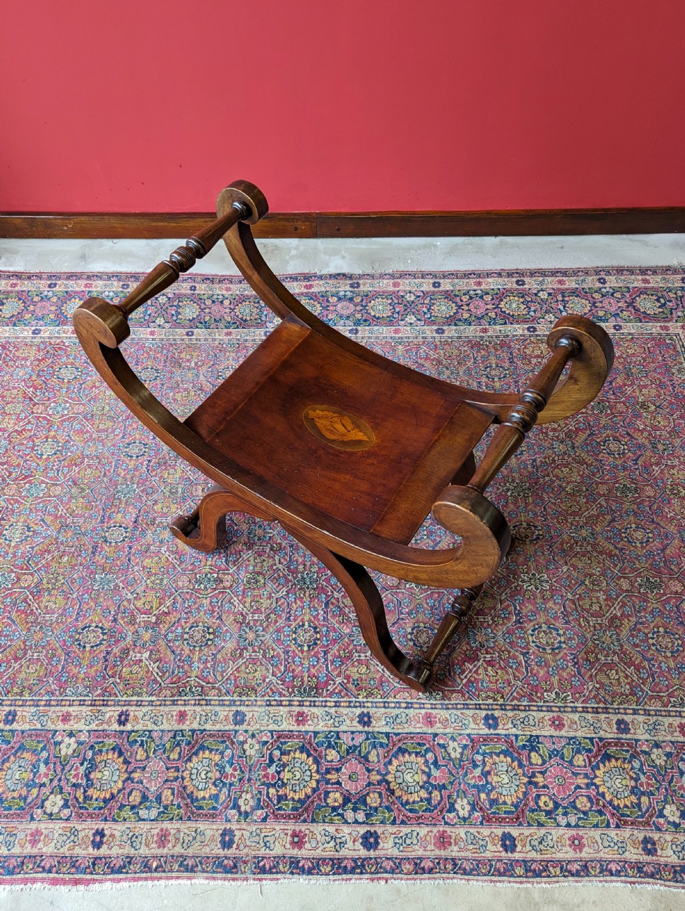 Antique Edwardian Inlaid Mahogany X-Frame Stool View X