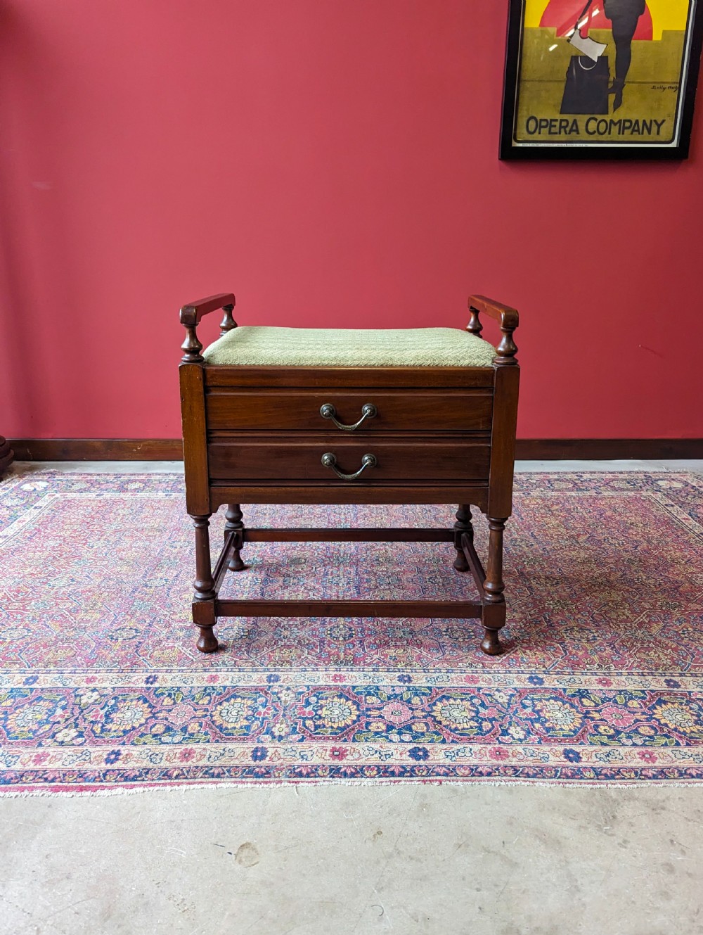 Antique Edwardian Mahogany Piano Stool with Music Cabinet Drawers View II