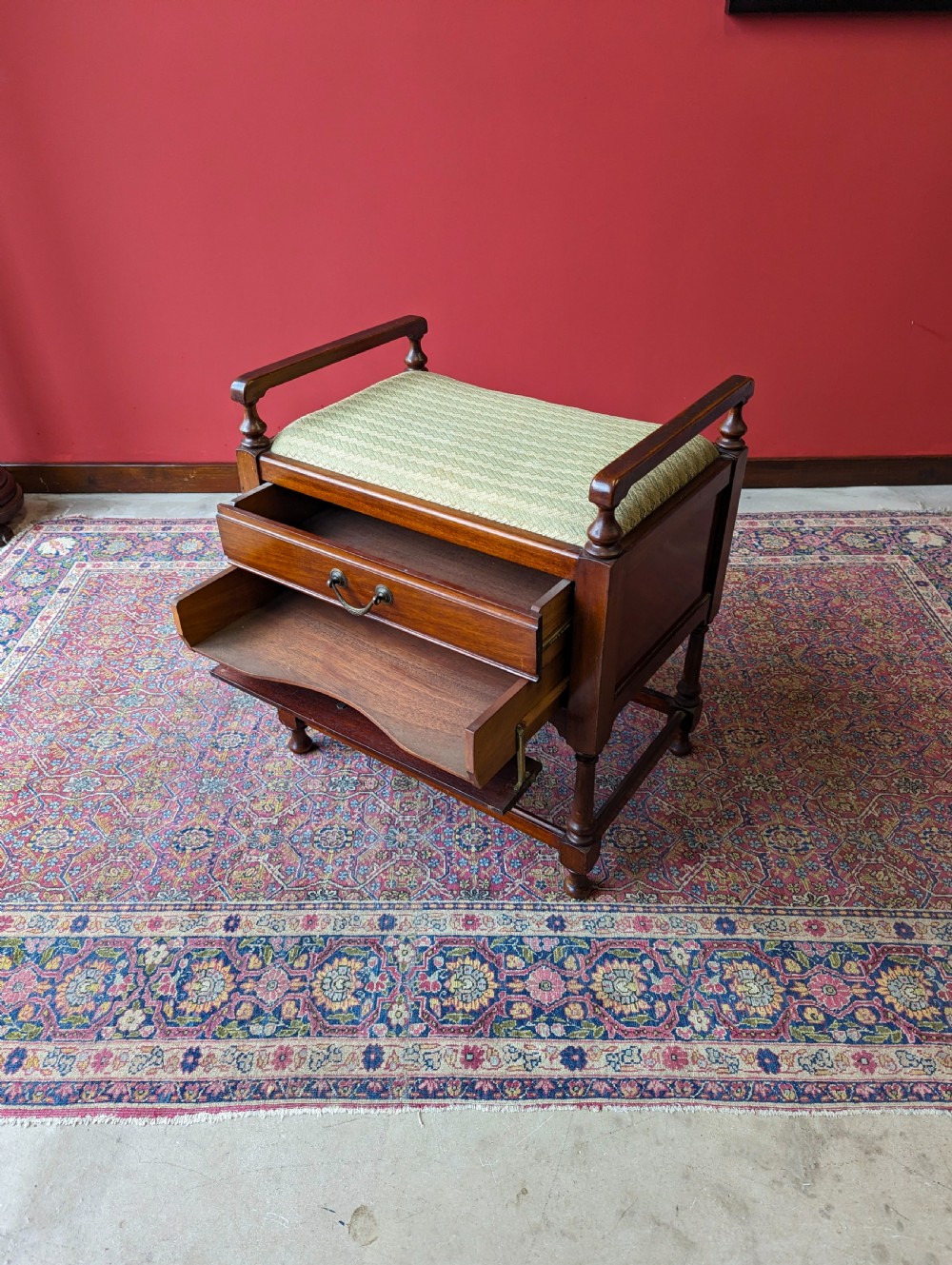 Antique Edwardian Mahogany Piano Stool with Music Cabinet Drawers View III