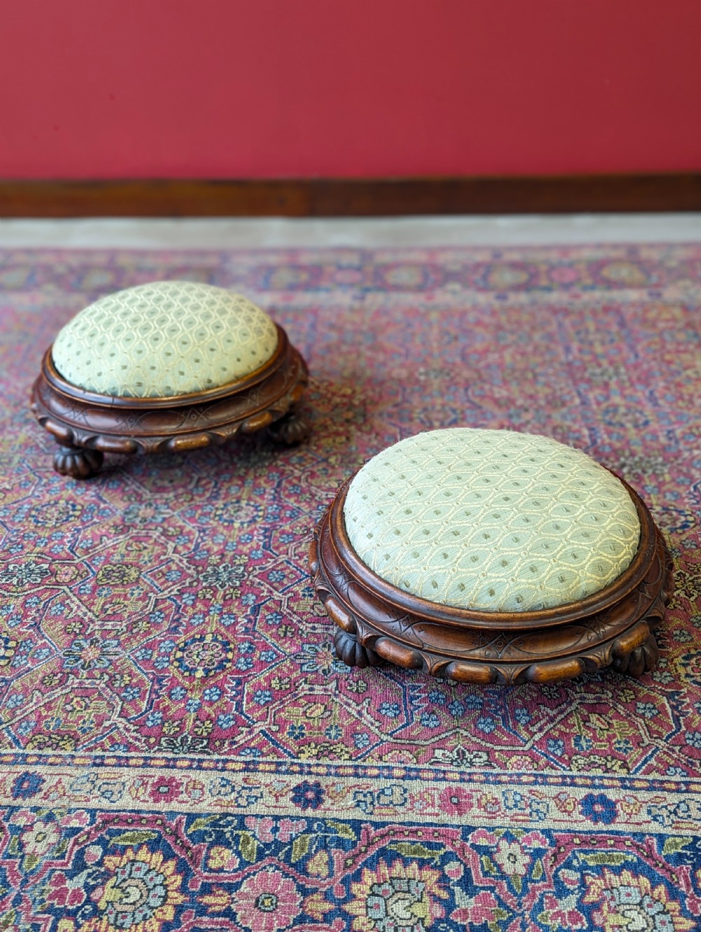 Antique Pair of Circular Victorian Mahogany Upholstered Footstools View II