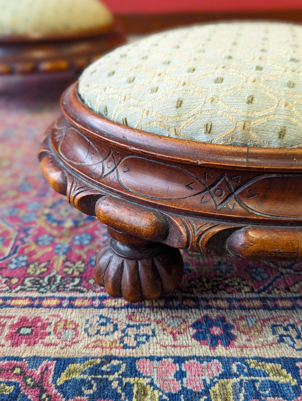 Antique Pair of Circular Victorian Mahogany Upholstered Footstools View III