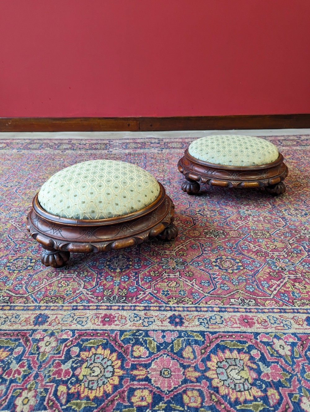 Antique Pair of Circular Victorian Mahogany Upholstered Footstools View IV