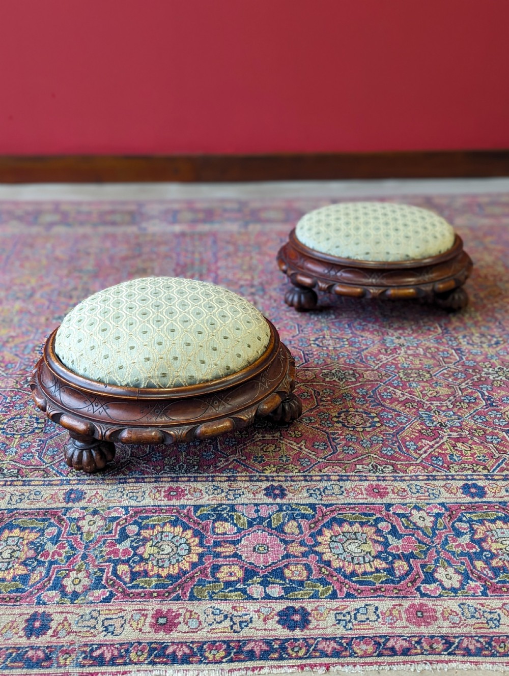 Antique Pair of Circular Victorian Mahogany Upholstered Footstools View V