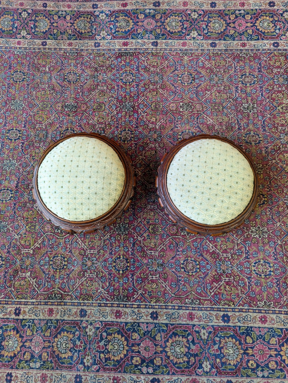 Antique Pair of Circular Victorian Mahogany Upholstered Footstools View VI