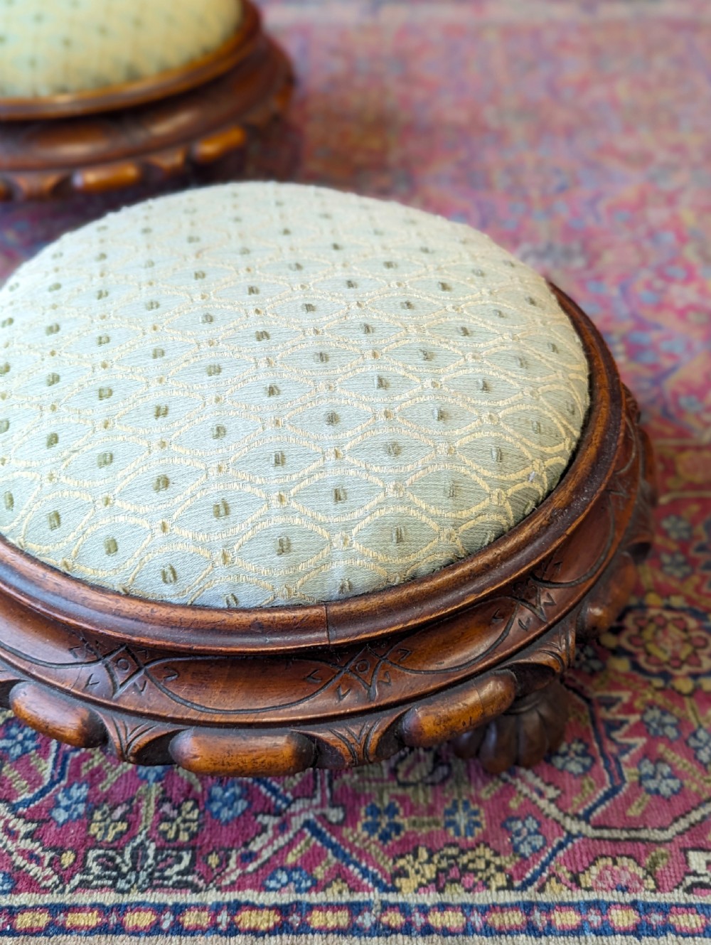 Antique Pair of Circular Victorian Mahogany Upholstered Footstools View VII