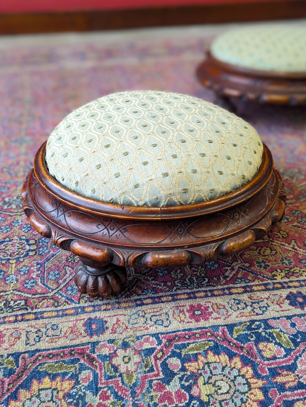 Antique Pair of Circular Victorian Mahogany Upholstered Footstools View VIII