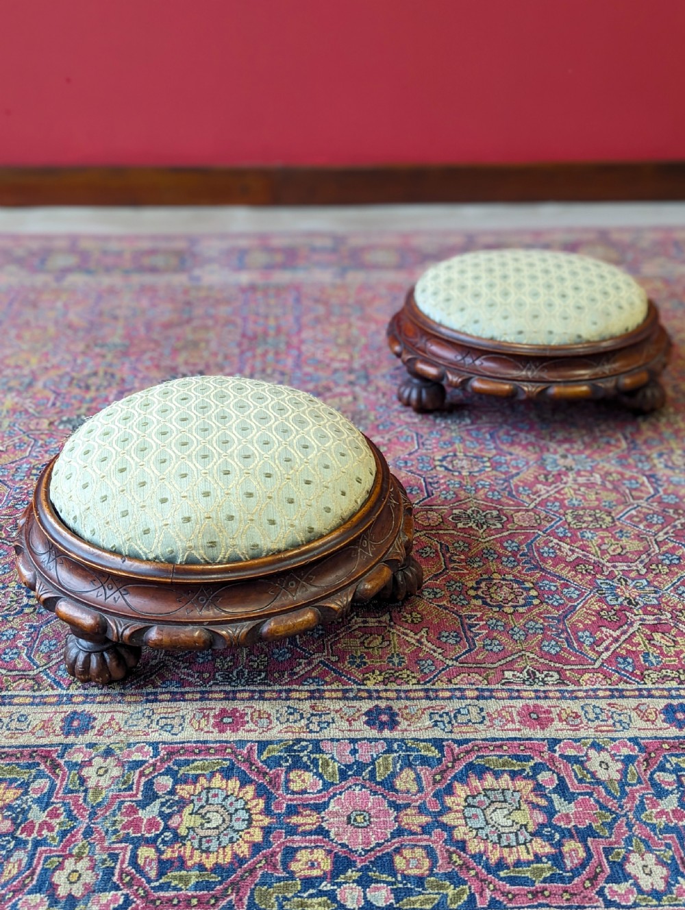 Antique Pair of Circular Victorian Mahogany Upholstered Footstools View IX