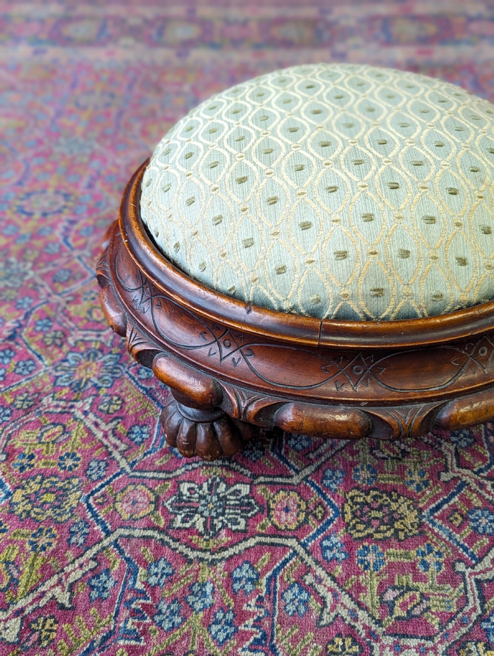 Antique Pair of Circular Victorian Mahogany Upholstered Footstools View X