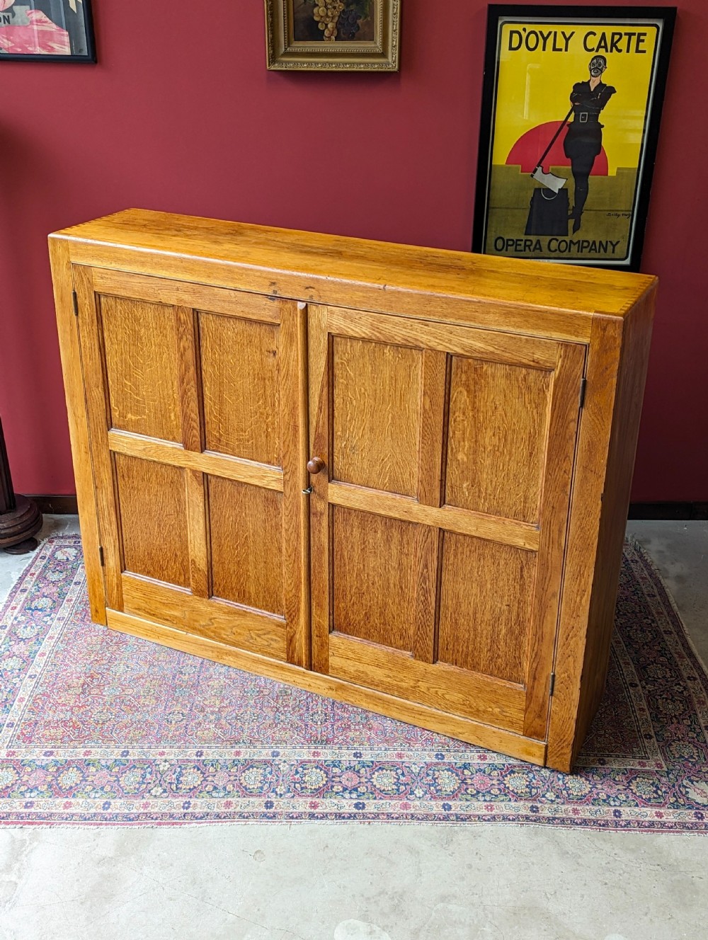 Antique Early 20th Century Large Light Oak Bookcase Cupboard View V